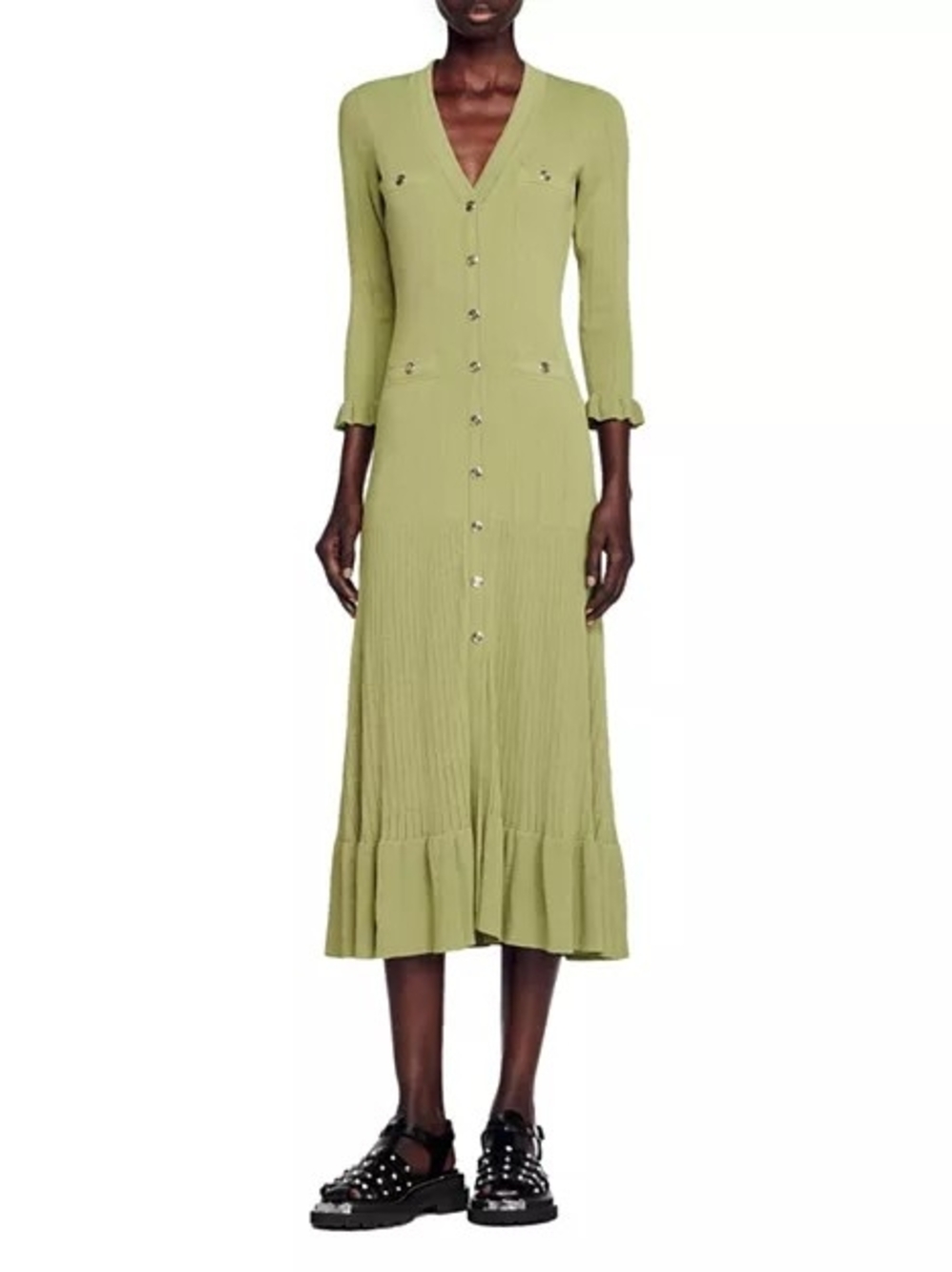 Sandro Green Button-Down Knit Midi Dress
